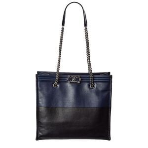 Chanel Black Navy Calfskin Leather Large Boy Tote (Authentic Pre-Loved)